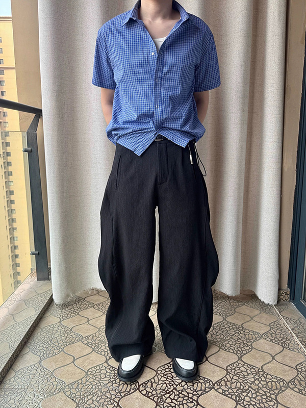 高級ロイヤルブルーチェック柄巾着半袖シャツミュウ系夏万能デザイン高級ボクシートップ|undefined