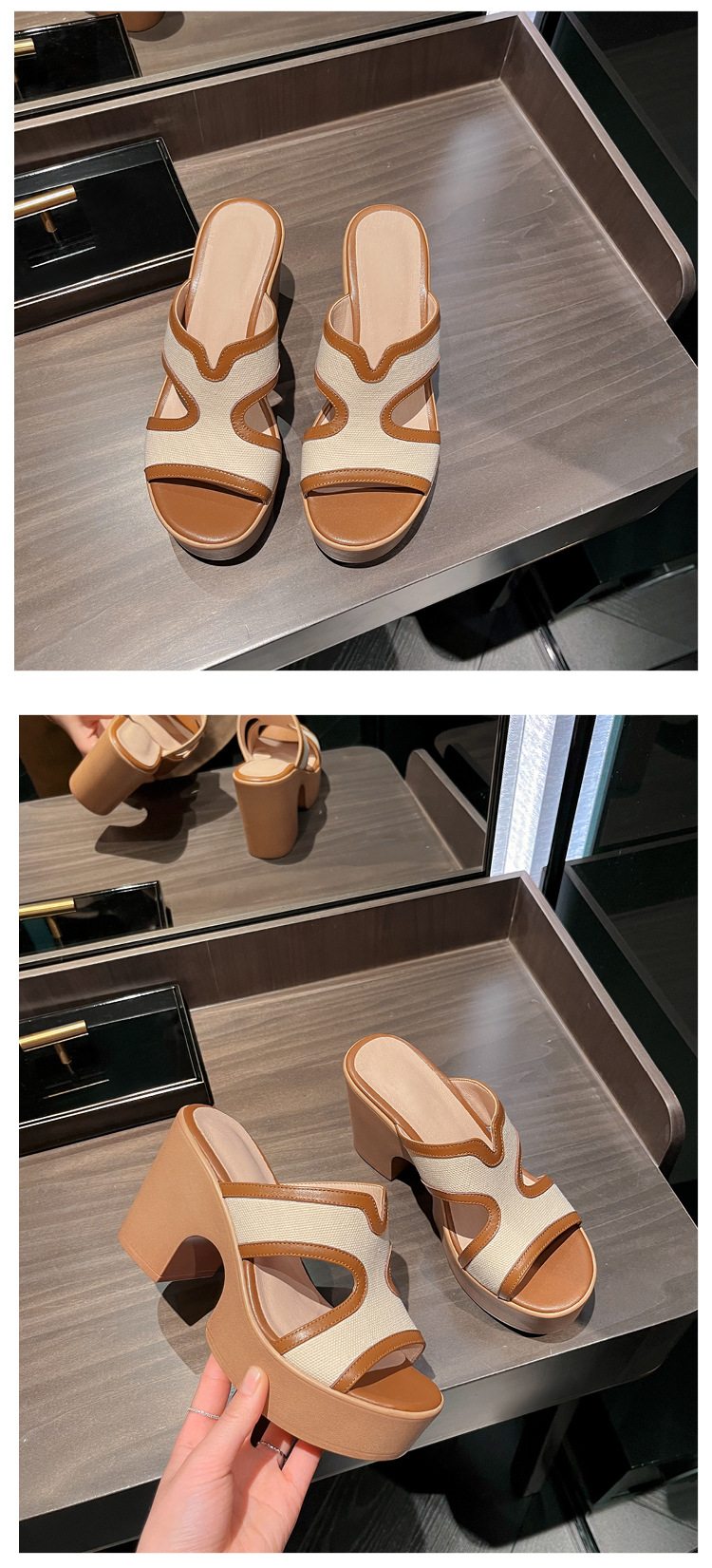 Dép sandal nữ quai chữ V da bò cao cấp đế xuồng dày, gót thô hở mũi, mùa hè — màu kaki chi tiết 18
