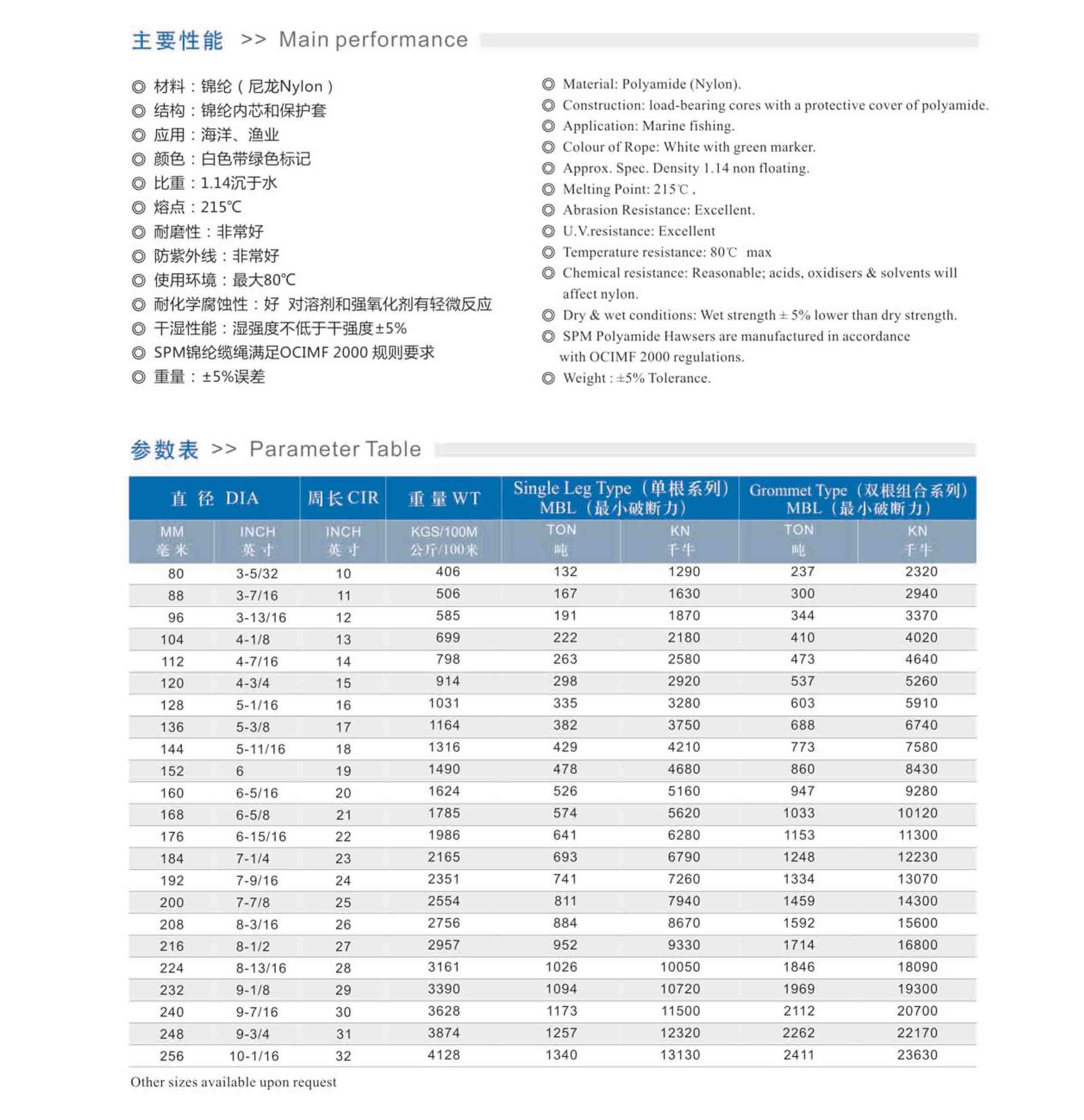 单点系泊缆绳 技术参数