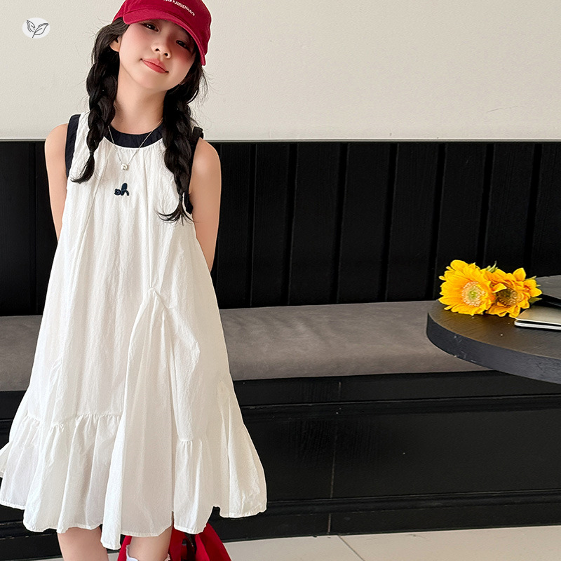 Girls 2025 Summer New Sweet Ruffled A- line Vest dress Sleeveless Long Dress Princess Dress