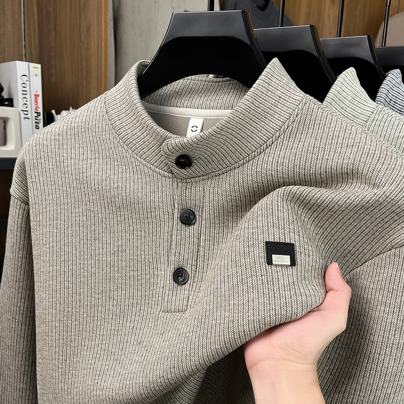 Áo nỉ nam cổ lọ len dệt kim lót lông cừu dày giữ ấm — màu đen