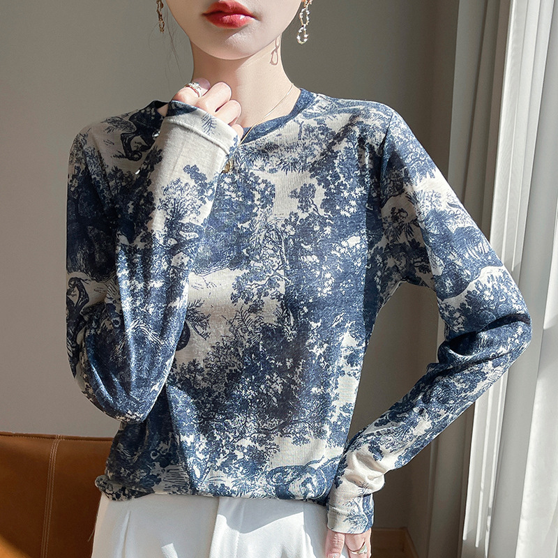 跨境莱赛尔天丝2025秋季女士扎染短款休闲圆领长袖打底衫毛衣百搭|undefined