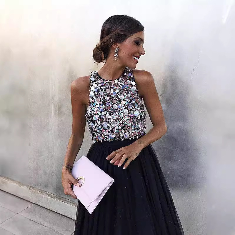New Foreign Trade Women's Dress Wish Dunhuang Sexy Sleeveless Halter Neck Sequin Dress