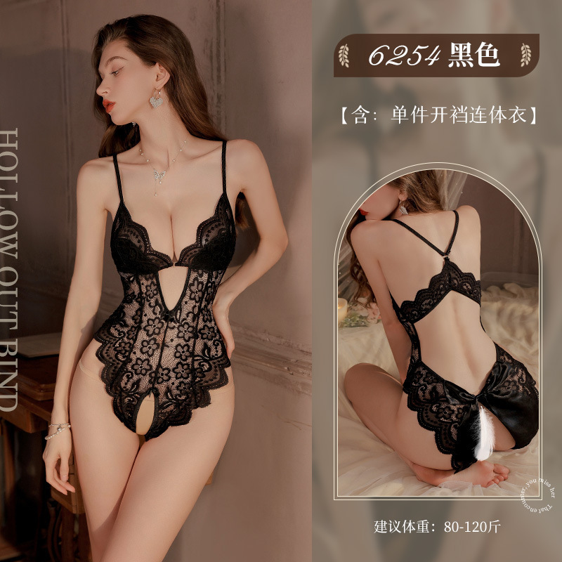 Fei Mu lencería sexy, adornos de mariposa, nalgas, pecho abierto, entrepierna abierta, sujetador de una pieza, traje sexy, encaje de archivo abierto 6254