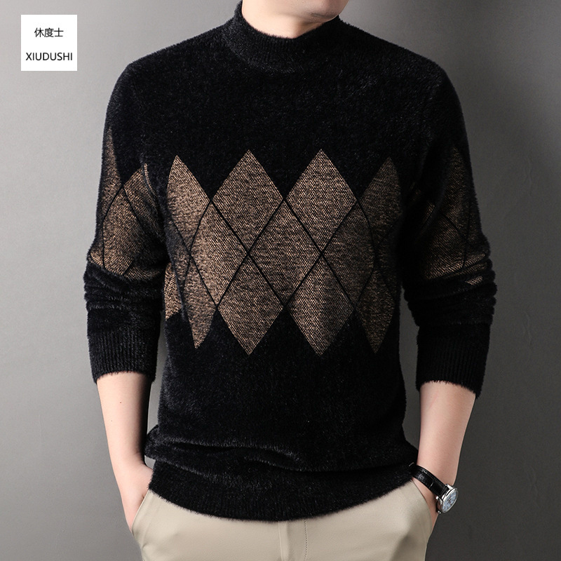 Men's fleece-lined sweater, new winter style, middle-aged men's clothing, mink fleece, semi-high collar sweater, thickened and warm knitted sweater