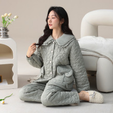 睡衣女士冬季三层夹棉羽绒棉袄防风冬款珊瑚绒加厚加绒家居服套装
