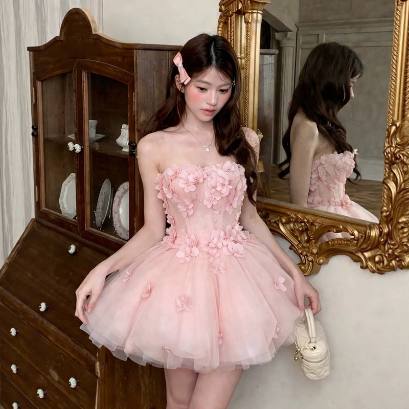 Pink Strapless Gown Princess Dress with a High-End Feel for Birthday Parties, Coming-Of-Age Ceremonies, Light Luxury Niche Banquets, and Elegant Puffy Dresses
