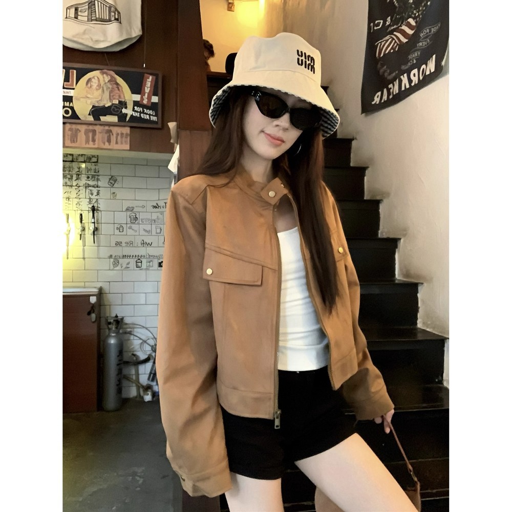 Maillard Deerskin Velvet Stand Collar Jacket for Women 2025 Autum New Retro Elegant Loose Long-Sleeved Motorcycle Jacket