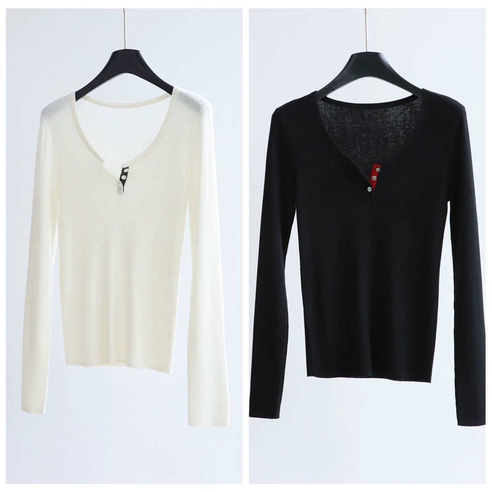 Контрастный цвет, трикотаж из тонкой шерсти с U-образным вырезом, осенне-зимний пуловер с длинными рукавами, женская внутренняя верхняя рабочая одежда ШИК