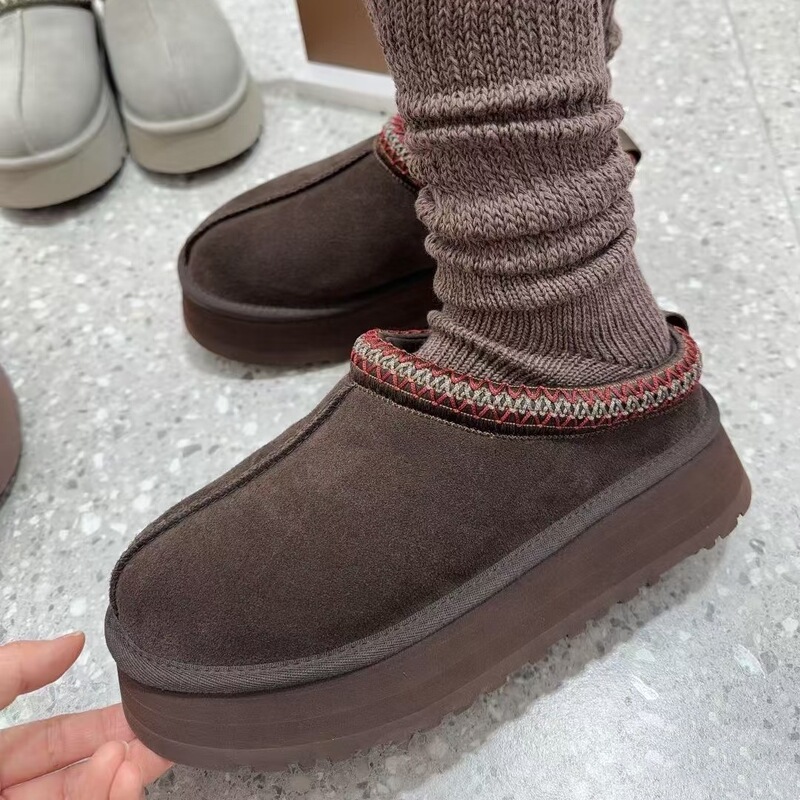 Henan Sangpo Snow Boots for Women, Made of Suede Cowhide and Wool, Platform Style, Tazz Supermodel Model, Slip-On, Ethnic Style