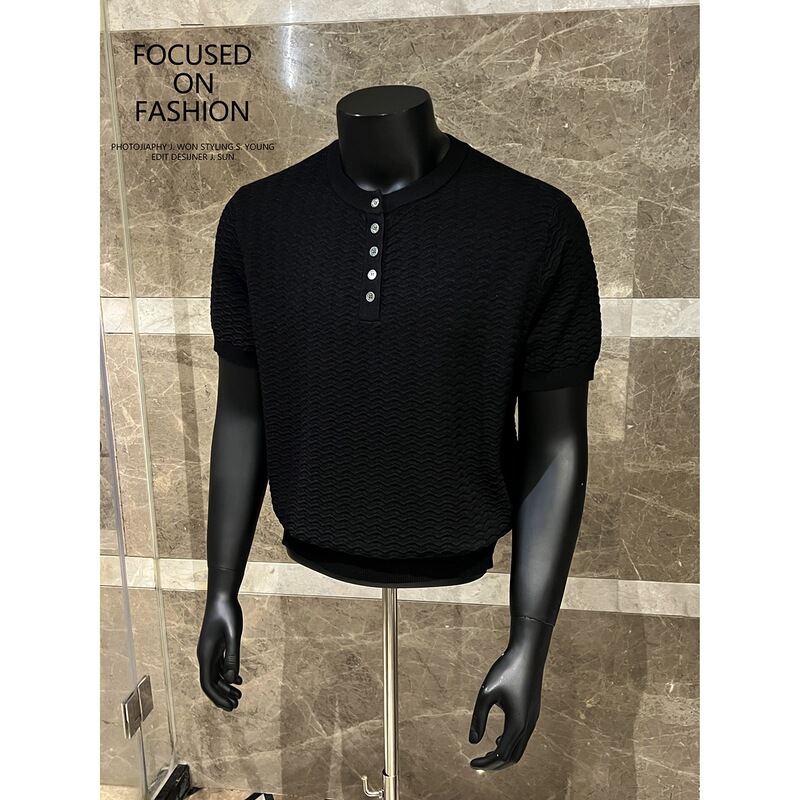 Old Money Diamond Texture Henry Collar Men's Knit T-Shirt Black K2002/P58 Control 88
