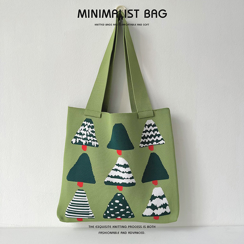 Estilo coreano de dibujos animados creativo árbol de Navidad bolso de punto de las mujeres de moda versátil de gran capacidad estudiante bolsa de compras bolsa de hombro
