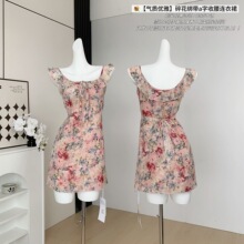 荷叶边领口碎花绑带收腰雪纺连衣裙2025新款短款显瘦A字裙