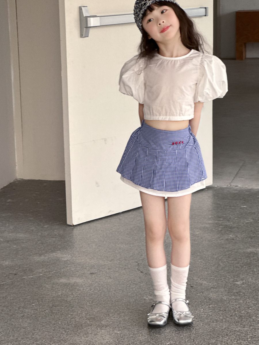 Verano de la princesa de la niña de la nueva versión coreana bordada azul de 100 pantalones para niños de cintura alta vestido corto blanco
