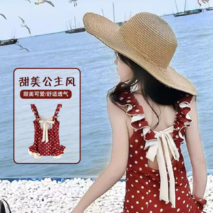 2025 New Summer Red Wave Dot Ruffled Swimsuit Big Boy Girl's dress Seaside Retro One-Piece Swimsuit
