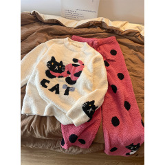 可爱猫咪印花针织半边绒睡衣女秋冬新款加厚保暖长裤家居服可外穿