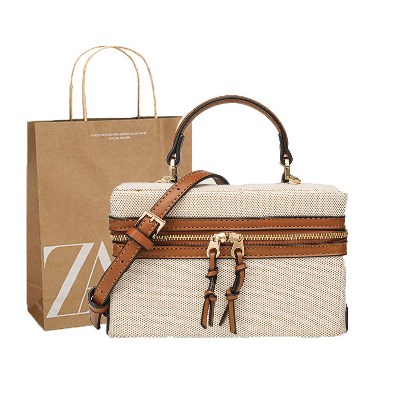 Za Brand Canvas Box Bag for Women, Spanish Designer Small Handbag, Shein Popular Retro Patchwork Leather Handbag Makeup Case
