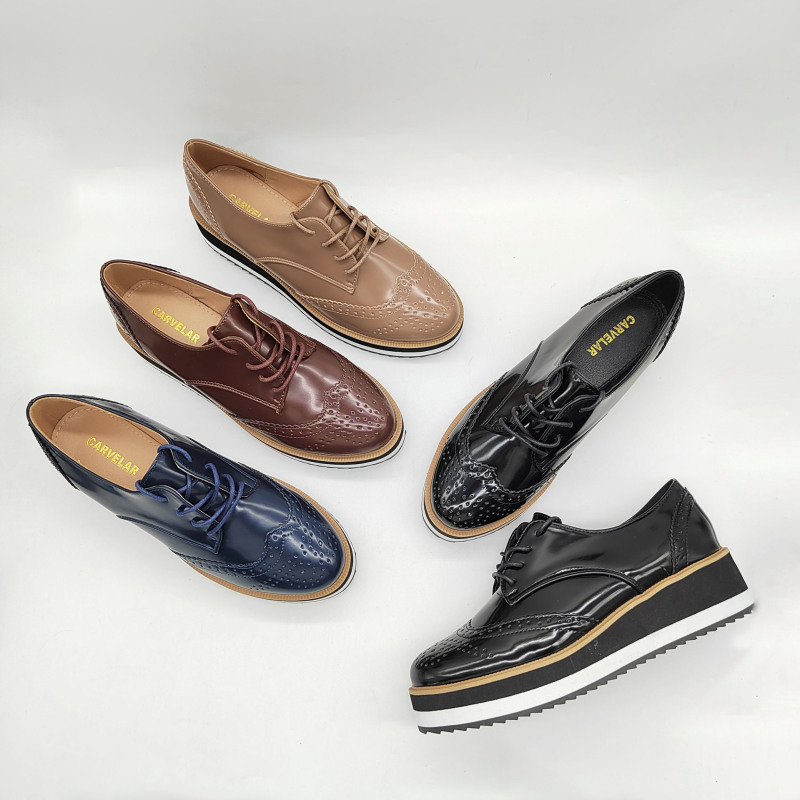 Foreign Trade Thick-Soled Platform Wedge-Heeled Shoes, Fashionable British Style Brogue Shoes, Casual and Versatile Lace-Up Small Leather Shoes
