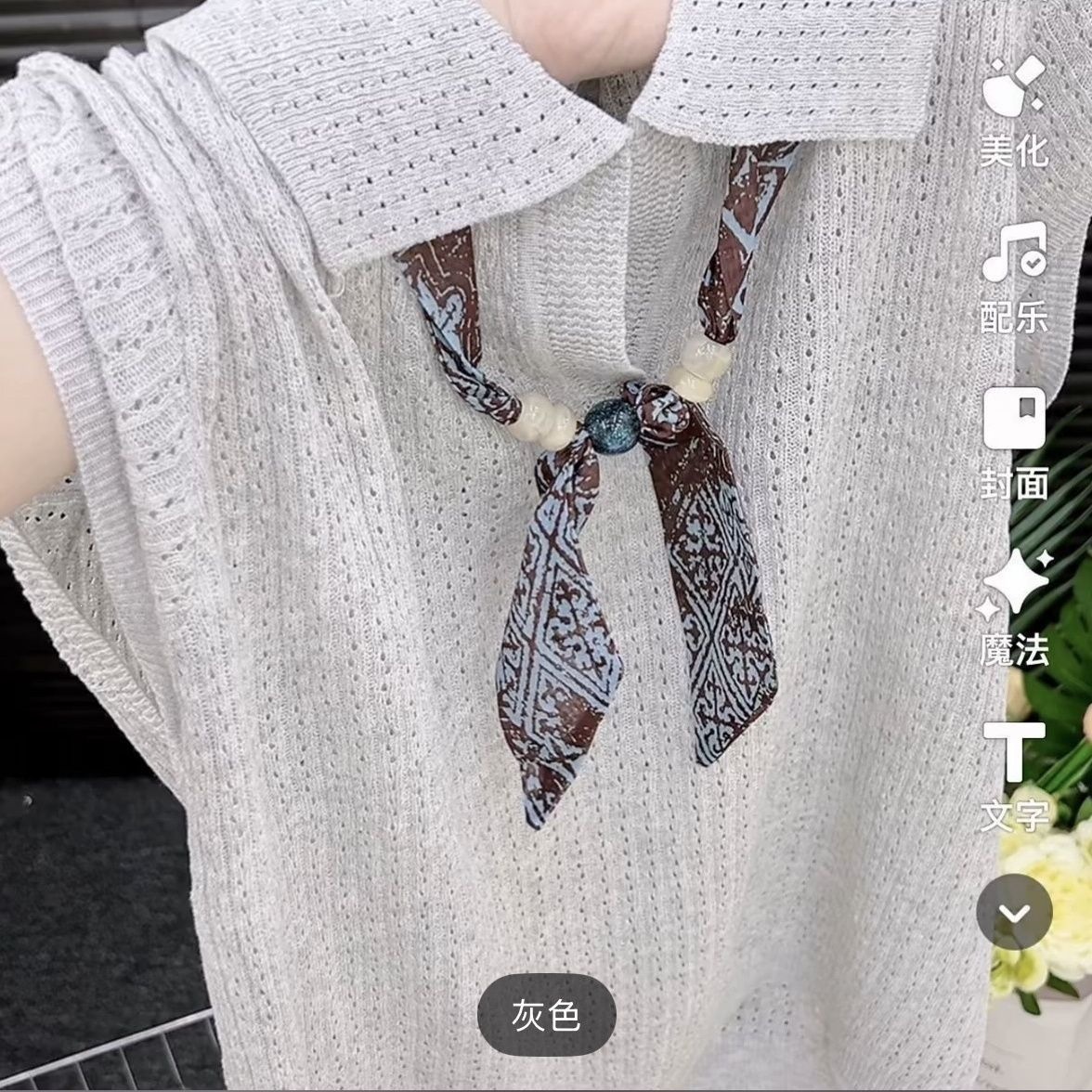 纯色洋气丝巾POLO针织衫短袖出游夏季新款独特高级宽松透气T恤衫