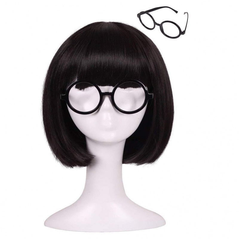 Fashionable Short Wig, Short Bob Hairstyle, Black Natural Wig, Cosplay Wig, Dance Party Wig with Glasses Frame Fashionable Short Wig, Short Bob Hairstyle, Black Natural Wig, Cosplay Wig, Dance Party Wig with Glasses Frame