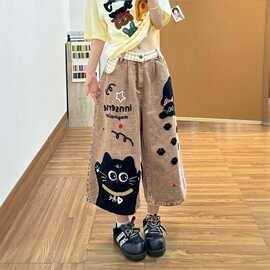 美式复古猫咪毛巾刺绣牛仔七分裤女2026夏季胖mm休闲格纹腰头中裤
