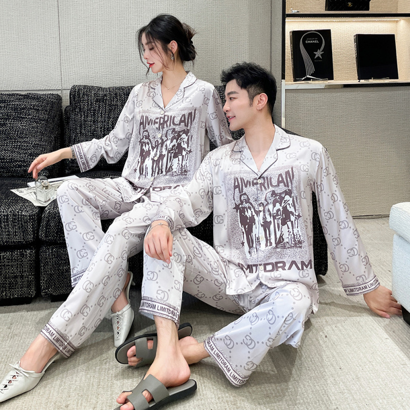 Factory Direct 2026 Couple's Ice Silk Pajamas for Women, Spring and Autumn Long-Sleeve Plus-Size Turn-Down Collar Cardigan Loungewear Set
