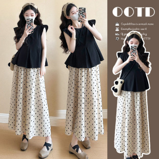 Pregnant Women's Summer Small Flying Sleeve Doll Shirt Top Mid-length Wave Dot Skirt Sweet Slim Look suit