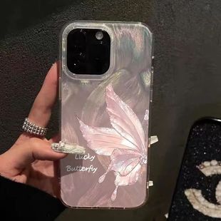 Feather Yarn Gradient Color Sakura Powder Butterfly for iPhone16promax Advanced Sense Apple 14 Phone Case 15Pro
