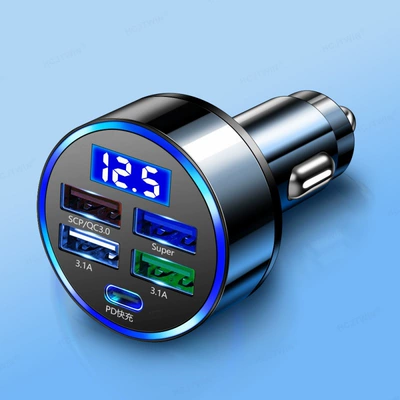 Car charger 5-port support super fast charging with digital display 5 in 1 1-drag 5-port with voltage car charger wholesale (Mobil şarj cihazları) - five-pd