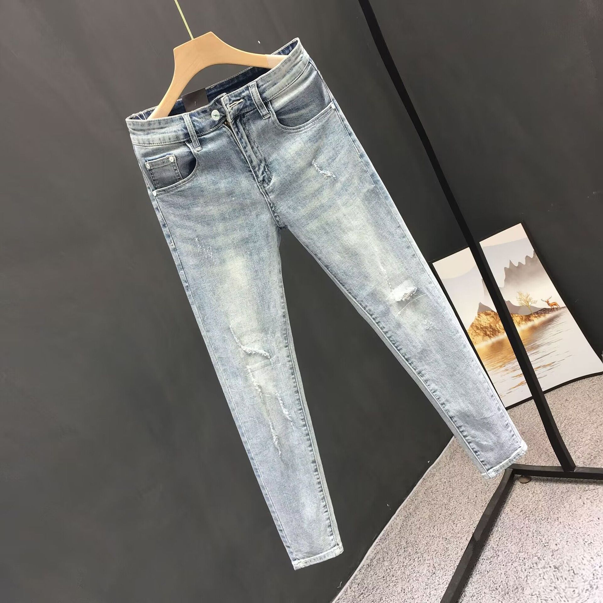 Men's Clothing Summer heavy wash retro distressed ripped jeans men's trendy brand handsome scraped slim fit skinny nine point pants_voghion.com