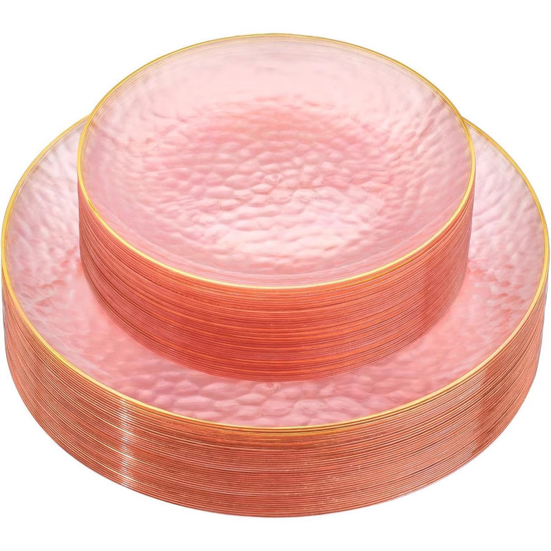 100Pcs Transparent Gold Plastic Plates Blue Party Plates Set Hammered Plate Pink Gold Rim Green Plates