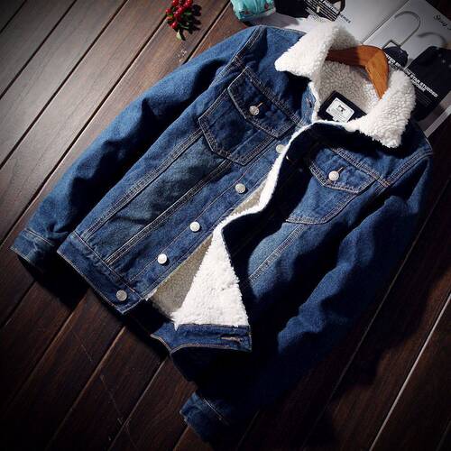 Men's Fitted Winter Padded Denim Jacket with Fake Lamb Wool Fleece and Cotton Coat Upper