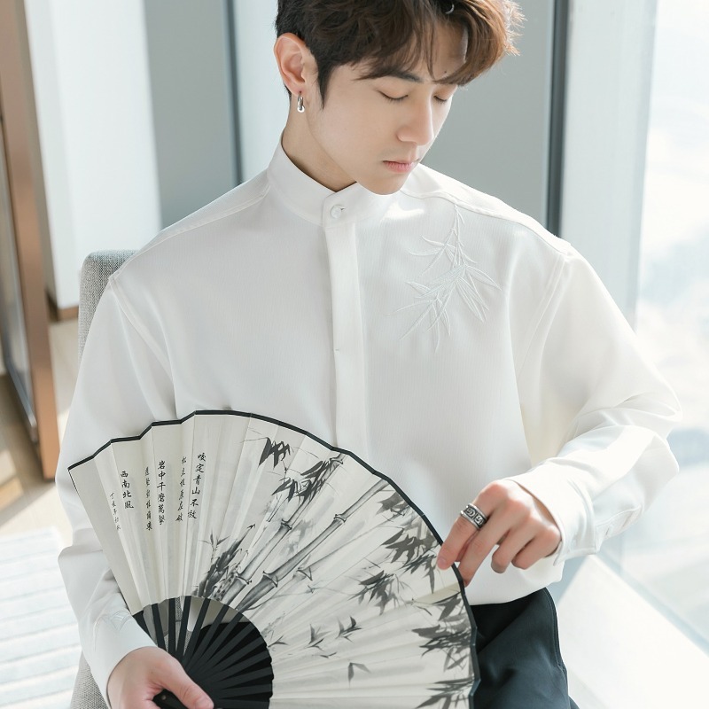 Shirt, retro long-sleeve, black trousers, Chinese style 3
