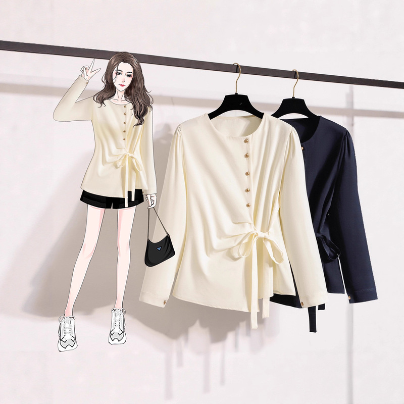 Plus Size Autumn and Winter New Style Foreign Style Gentle and Elegant Smart and Elegant Slanted Shoulder Outer Wear Design Strappy Shirt for Women