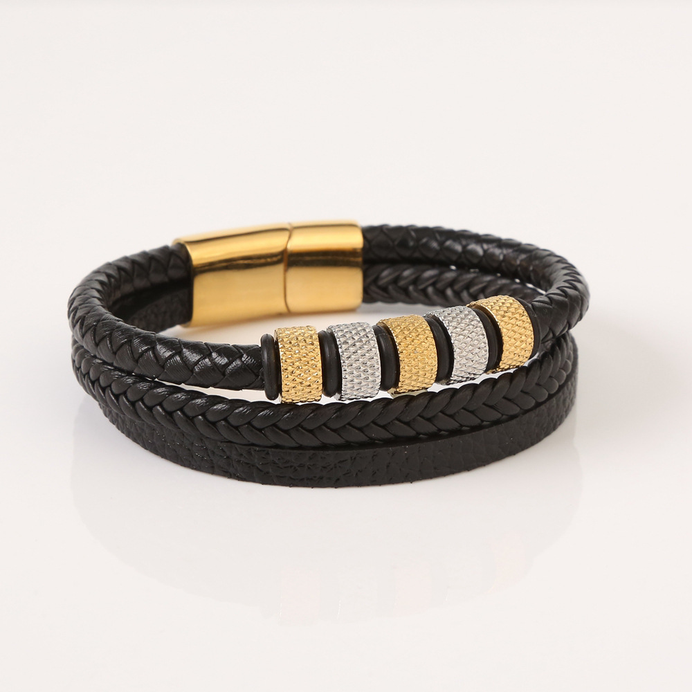 Daily Occasion 201 Stainless Steel Material Round Pattern Ethnic Style Round Stainless Steel Pu Leather Polishing Braid 14K Gold Plated Water Plating Men'S Bangle Men Cord & Leather Bracelets