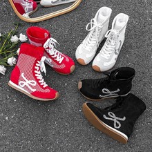 真皮内增高中筒靴子2025夏软底休闲复古德训网面透气拳击绑带短靴