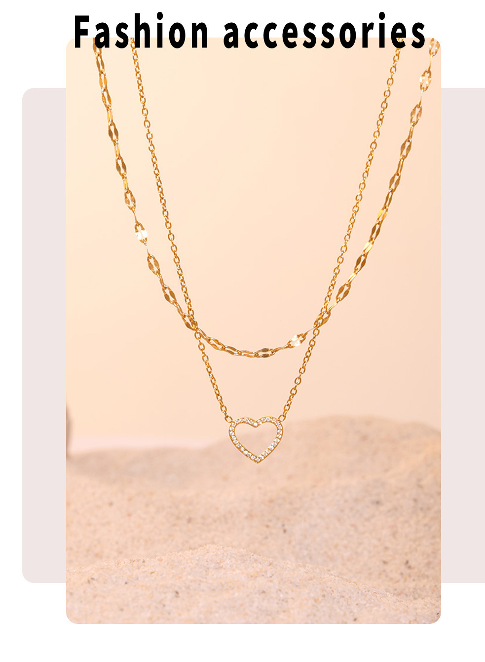 Square Sugar Ins Heart-shaped Handmade Zircon Double Layered Collarbone Necklace Bracelet Set Titanium Steel PVD Electroplating Color Preservation_voghion.com