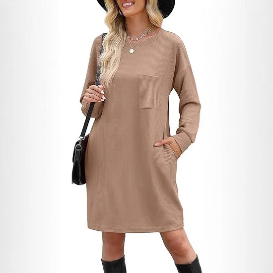 Women's Long Sleeve dress Loose Casual Crewneck Elegant Mini Dress Dress with Pocket Autumn Fashion 2024 Women's Long Sleeve dress Loose Casual Crewneck Elegant Mini Dress Dress with Pocket Autumn Fashion 2024