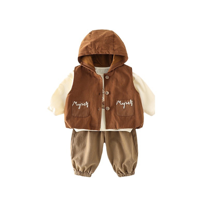 소년의 가을 조끼 3 조각 세트 소년의  의 봄과 가을 옷 서양식  바지  의 세트 후드