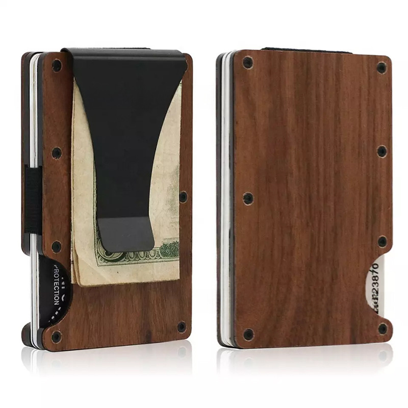 Factory Foreign Trade Wholesale Solid Wood Card Case Aluminum Alloy Credit Card Holder RFID Men's Metal Money Clip Customizable