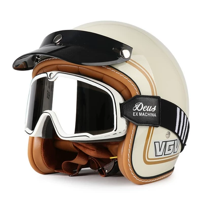 Motorcycle Helmet Electric Scooter Half, Motosiklet dəbilqələri - m-milky-white-gold-rim-black-and-white-striped-goggles-free-hat-brim-face-towel