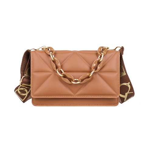 Popular texture women's bag  new trendy fashion chain shoulder crossbody bag wide shoulder strap embossed plaid small square bag
