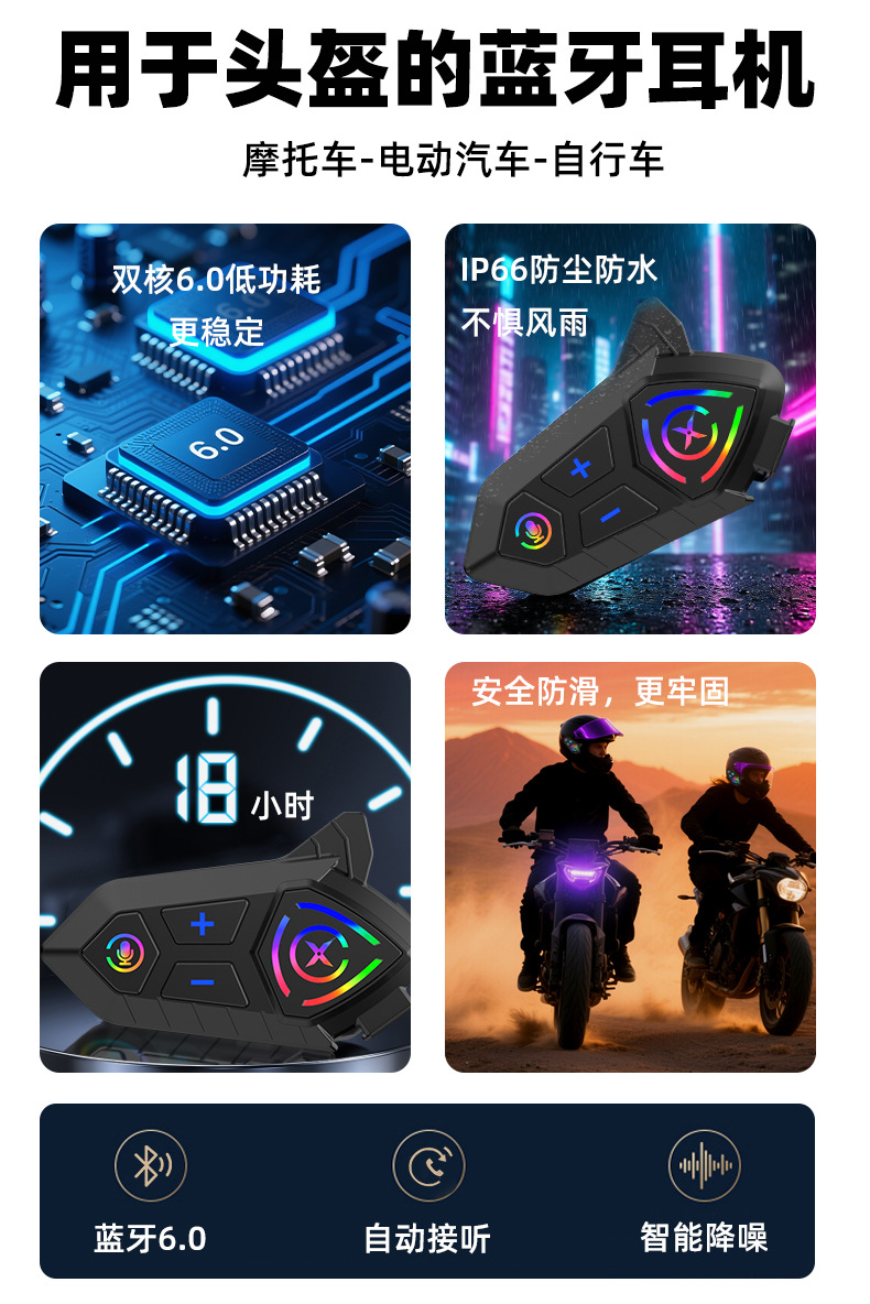 Intercom Helmet Headset for Full-Face and Half-Face Helmets, Wireless Helmet Headset with Noise Reduction, Waterproof Motorcycle Bluetooth Headset