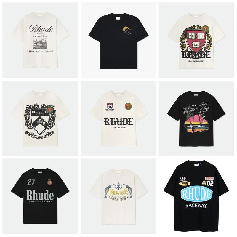 25S Cross-Border Exclusive Rhude American Retro Vacation Style Sunset Coconut Tree Beach Short-Sleeve T-Shirt in Stock