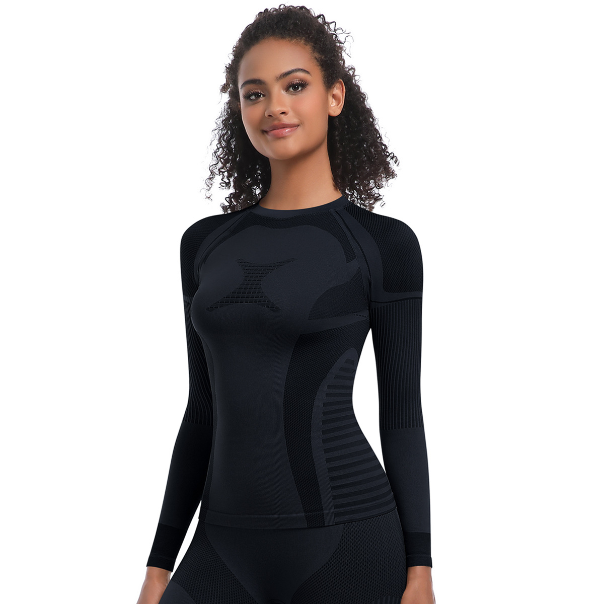 Neu Nahtlose Stricken Engen Hohe Elastische Ski Anzug Langarm Sport Laufen Fitness Yoga Top_voghion.com