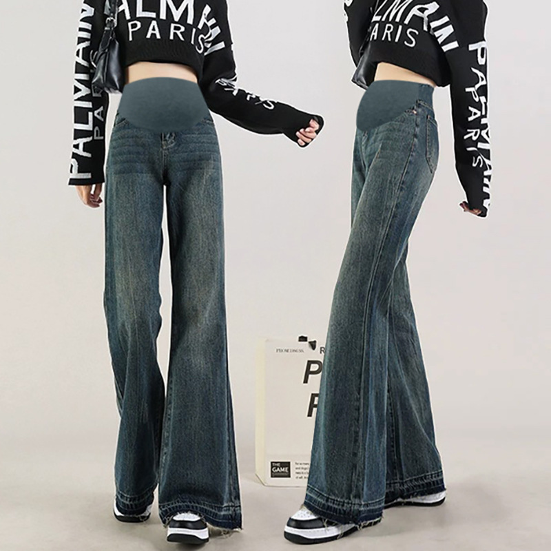Pregnant Women Loose Flared Pants Spring and Autumn Wear Retro Color Jeans Belly Loose Casual Big Horn