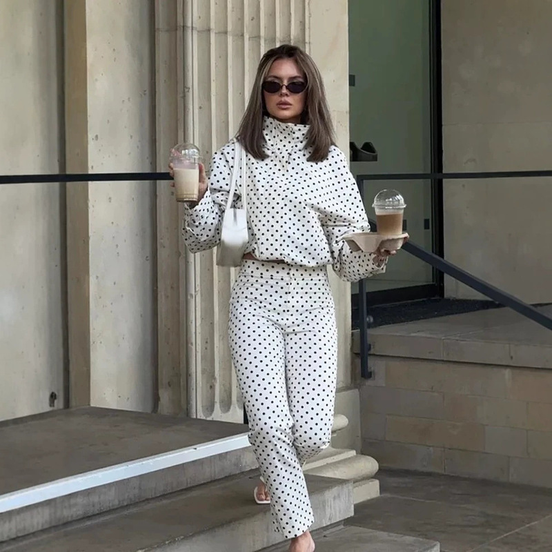 Cross-Border Aliexpress Popular European and American Style Women's Stand-Up Collar Polka Dot Seersucker Jacket Pilot Style Drawstring Jacket