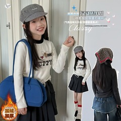 女童2025秋冬加绒加厚打底衫牛仔裤套装韩版中大童春秋舒适打底衫