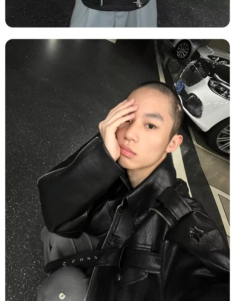 ragazzo in pelle alla moda per uomo, stile di strada europeo e americano autunnale, design di nicchia per moto J, pantaloncini di marca alla moda_voghion.com