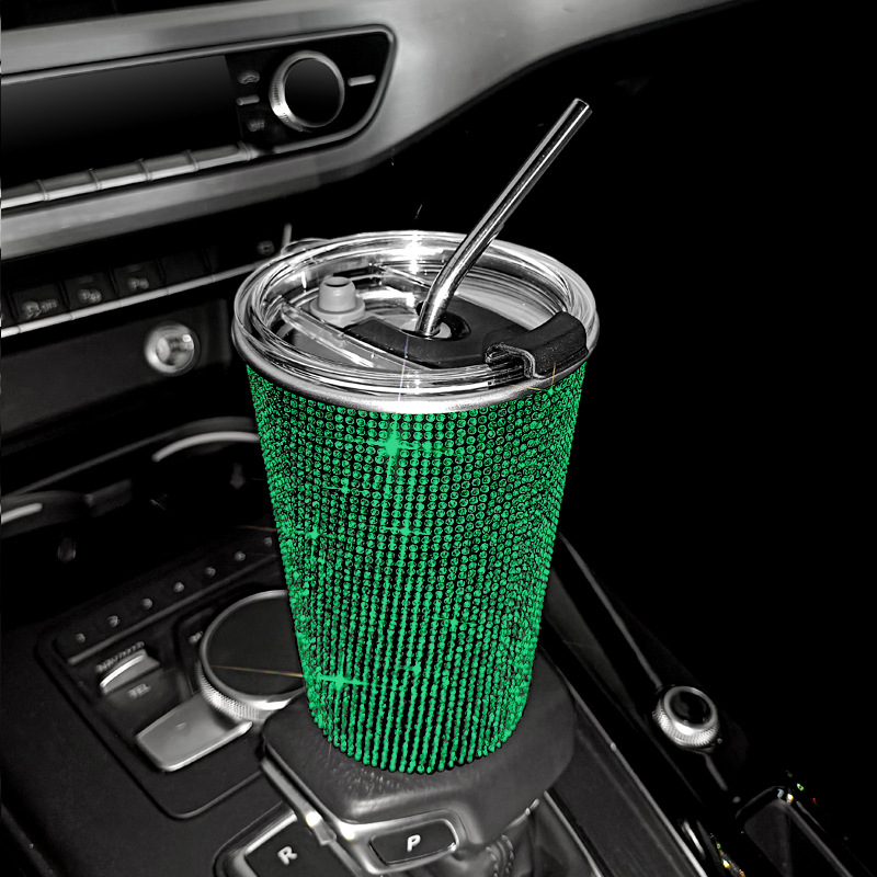 Bling flash rhinestone pegado diamante 550ml taza de bebida incrustada en el diamante taza de café de paja de acero inoxidable recta adelgazamiento